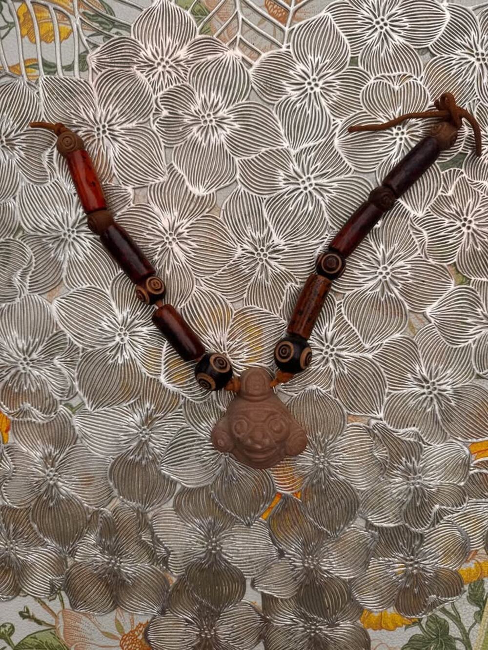 Ancient Primitive Mayan-Style Clay Talisman & Stone/Wood Beaded Pendant Necklace